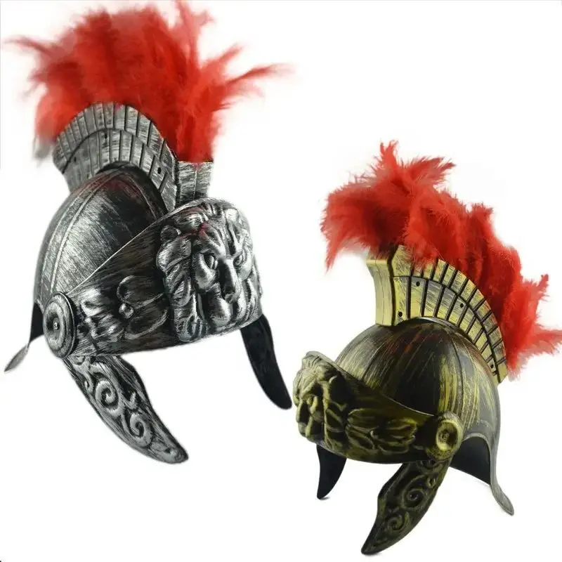 Vintage Spartan Helmet Plastic Warrior Hat Medieval Roman Lion Feathered Hat for Cosplay Halloween Party Accessory