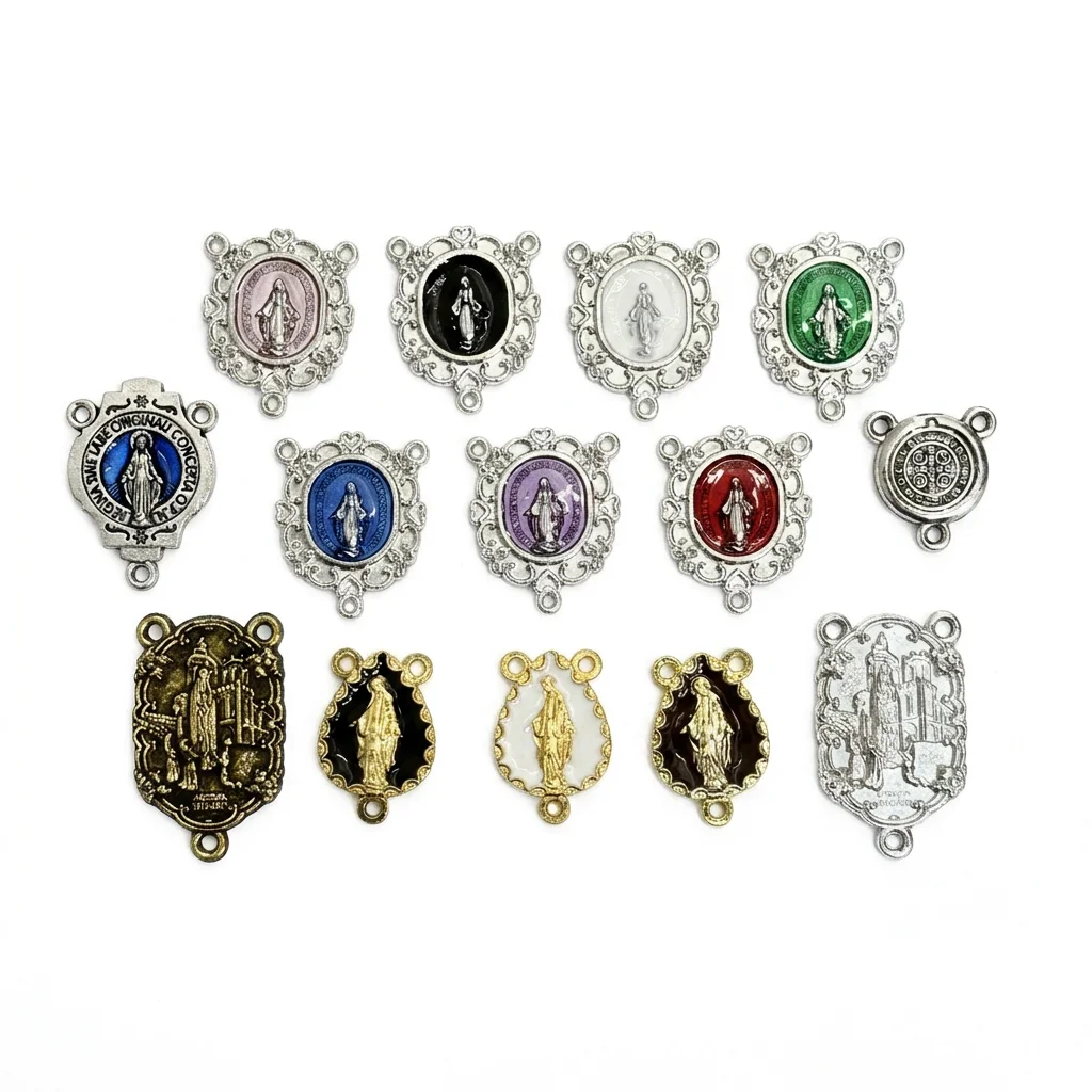 10Pcs Enamel Catholic Rosary Center Pieces 3 Hole Zinc Alloy Connectors Miraculous Medal for DIY Prayer Beads Jewelry Findings