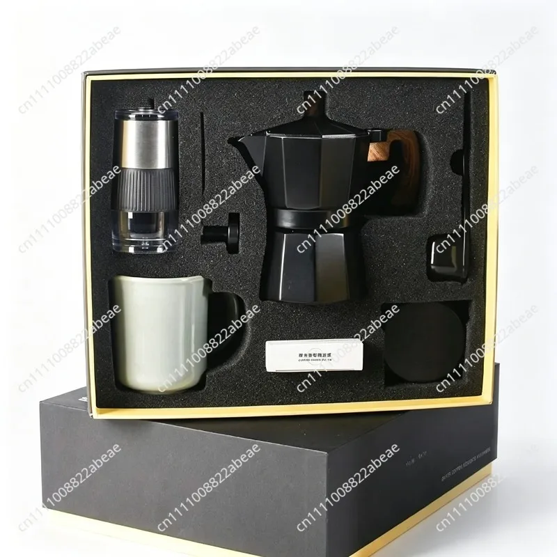 Hand Grinder Coffee Maker Set,Hand Grinder Set Gift Box,Moka Pot 6 Piece Set,with Cup,bean Bin,filter Paper and Bean Brush Spoon