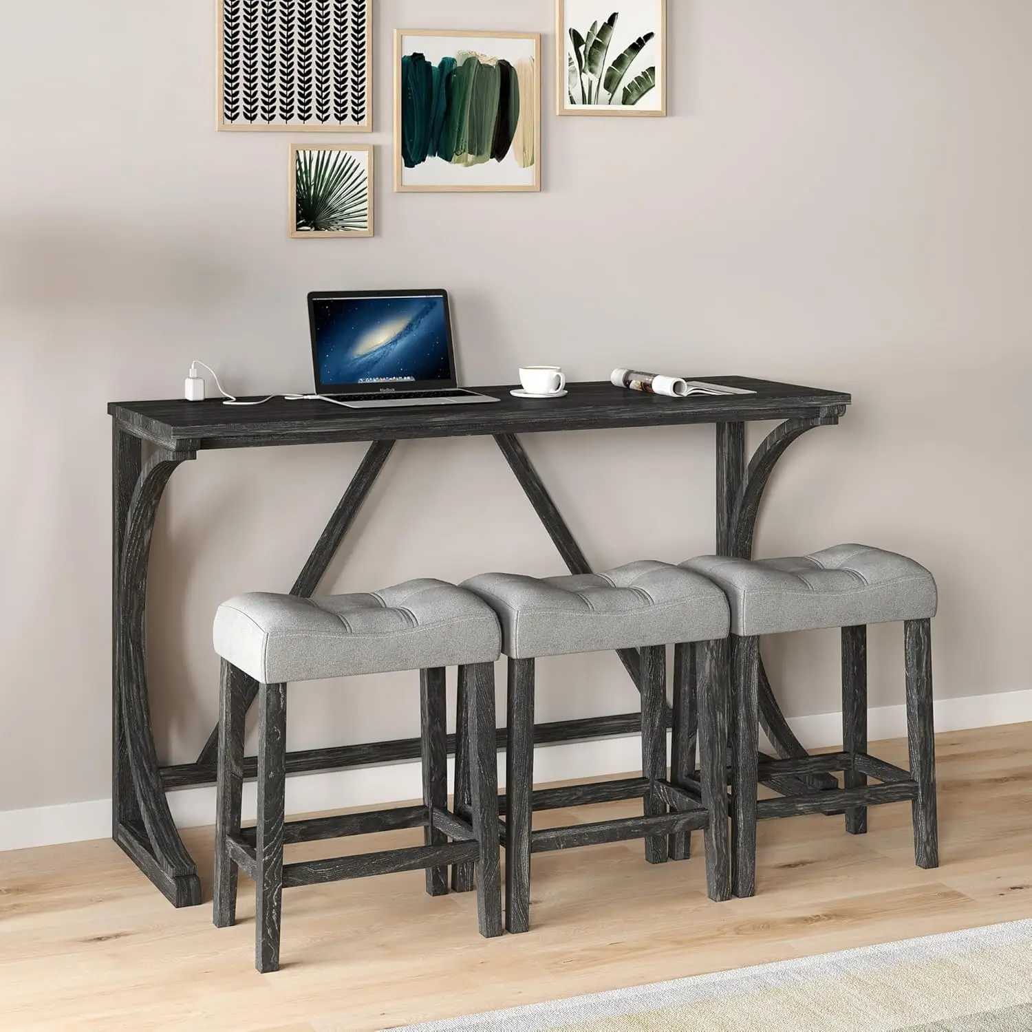 Conjunto de mesa de jantar e cadeiras com tomada elétrica, mesa de café industrial, 3 fezes acolchoadas, 4 PCs