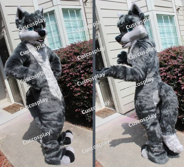 

Grey Long Fur Furry Costume Husky Dog Fox Mascot Costume Fursuit Wolf Cospaly Party Fursuit Halloween Suit Cosplay Adult Size