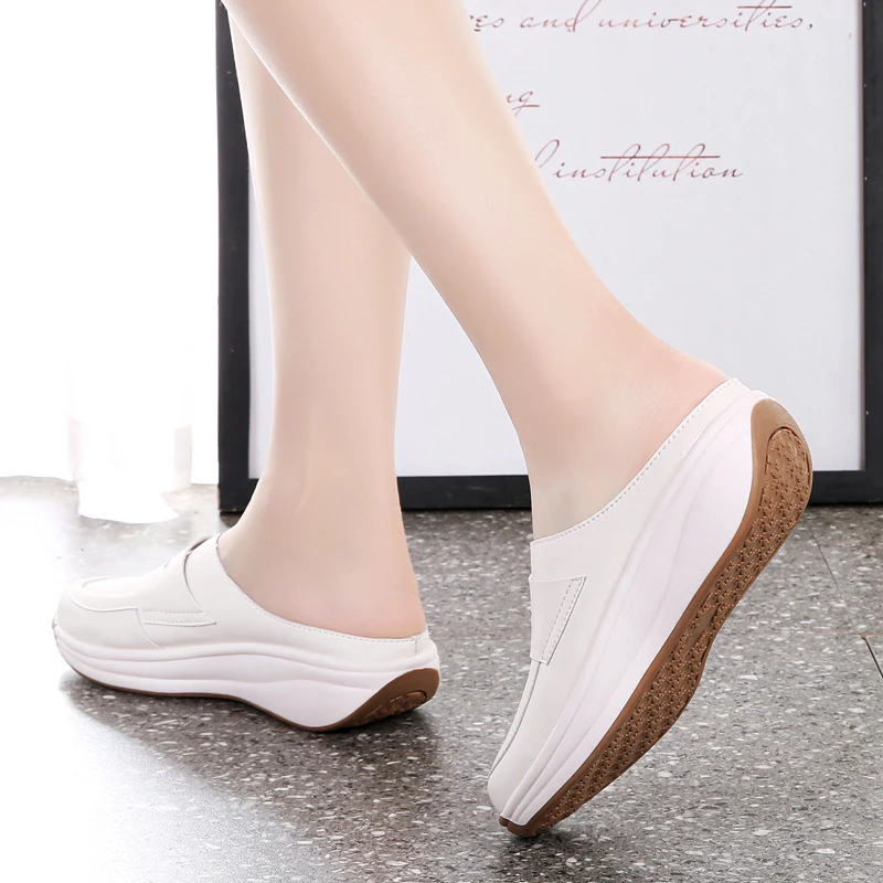 STRONGSHEN Summer Women Half Slippers Shoes Slip On Breathable Leather Shoes Woman Slides Outside Slippers Platform Wedges Shoes