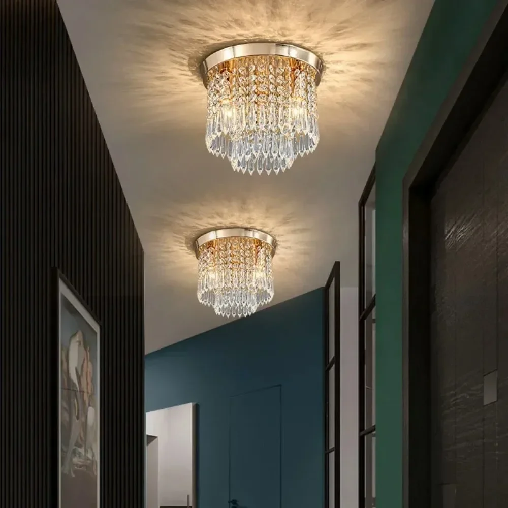 

Luxury Crystal Hall Corridor Porch Balcony Bedroom Light Modern Surface Mounted Bohemian Style Wood Led Ceiling Lights