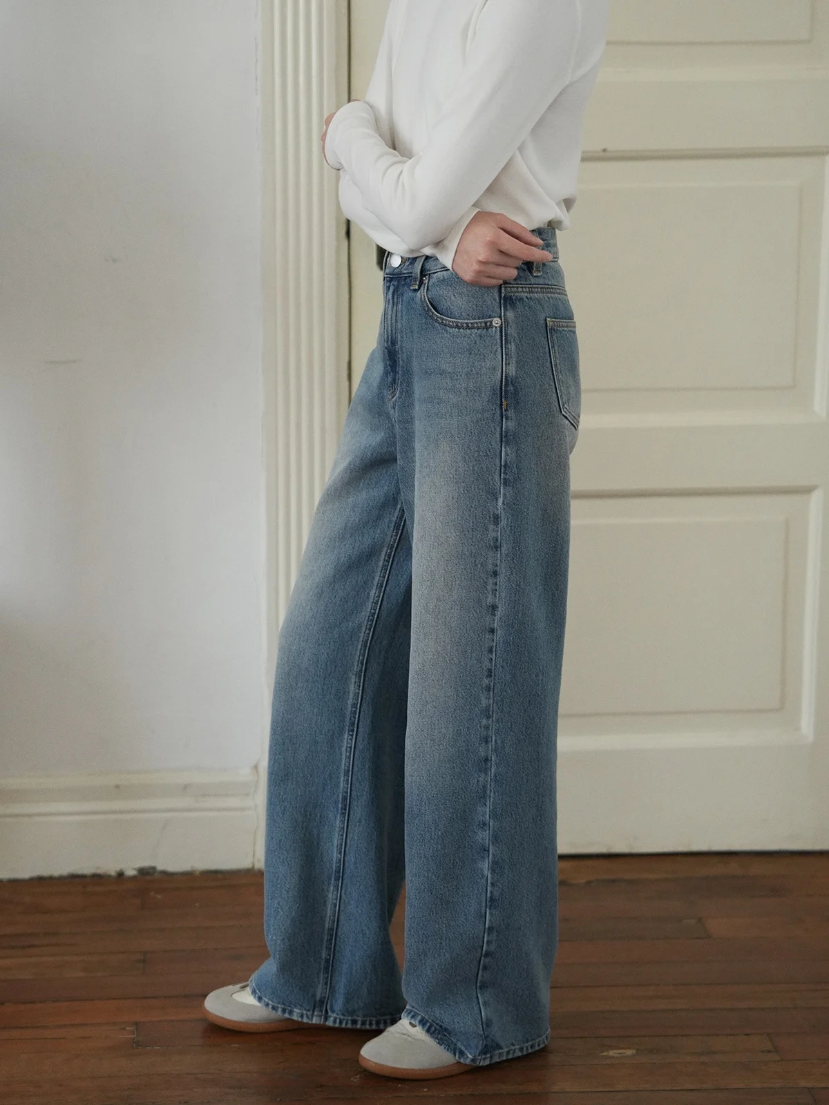 

Классические универсальные джинсы-клеш в стиле ретро с высокой талией, прямые, удлиненные, из хлопкового денима, для женщин, универсальные, элегантные брюки