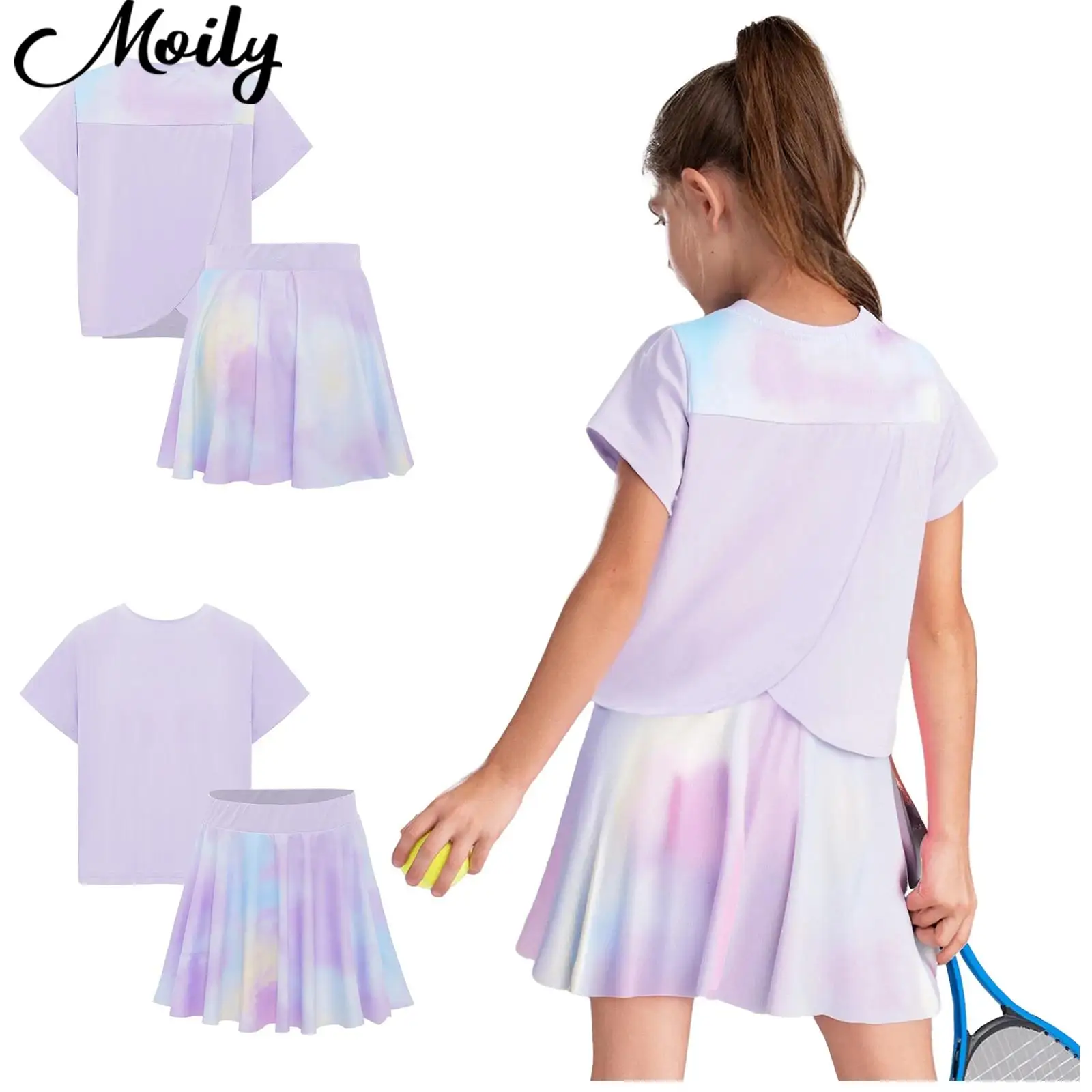 

Purple Kids Girls Quick-Drying Badminton Tennis Outfit Sports Set Short Sleeve Wrap Back T-shirt with Tie-Dye Skirt Active Wear