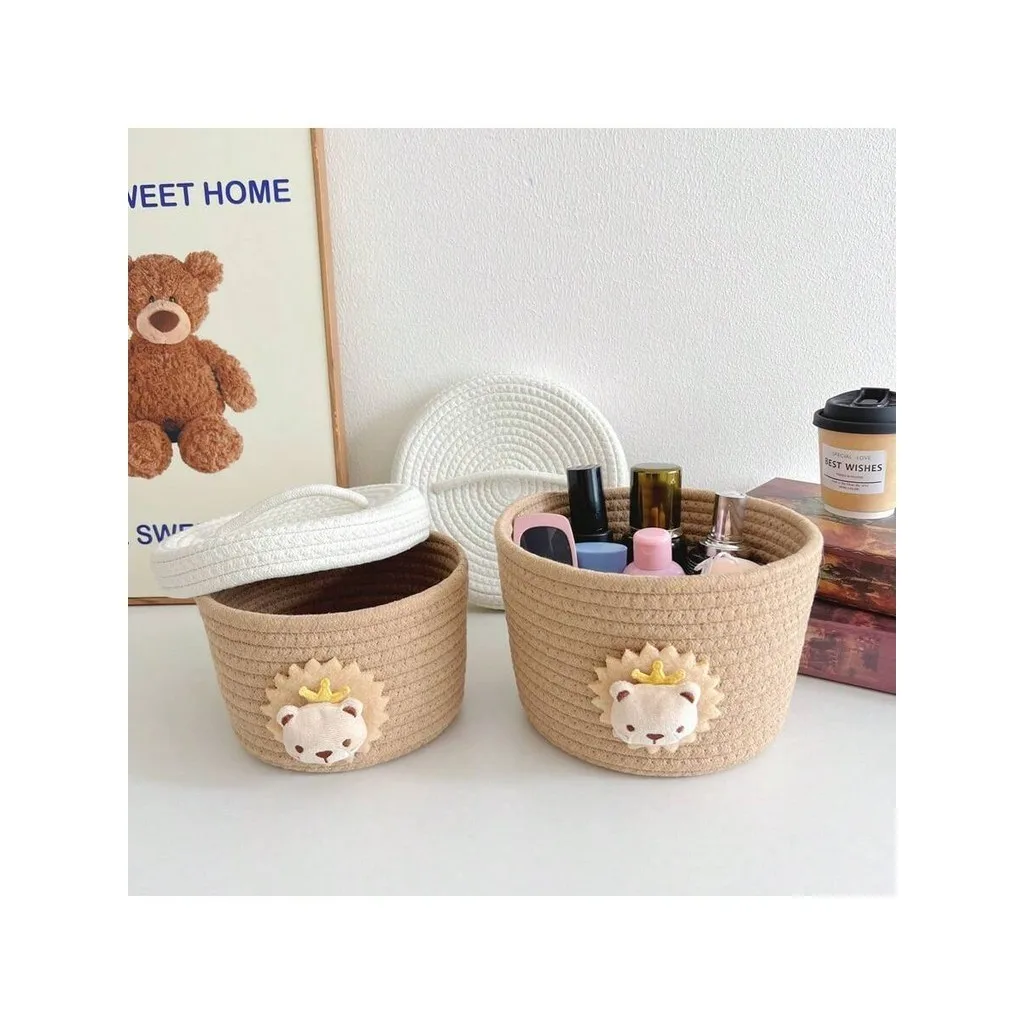 Cotton Rope Handmade Woven Storage Basket With Lid Simple Miscellaneous Organization Tool Living Room Item Organization Basket