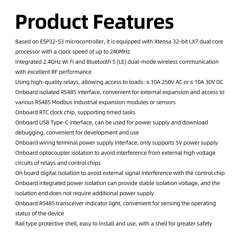 Waveshare ESP32-S3 1-Kanal-Relaismodul mit 2,4G WiFi 5.0 Bluetooth RS485 Dual Core 240MHz Industrielles DIN-Schienengehäuse mit RTC-Uhr – Detail 2