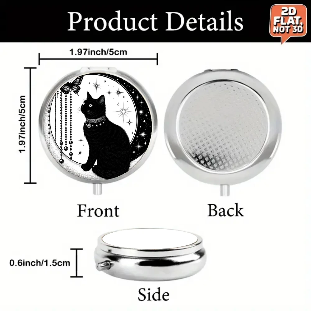 2D Flat Medicine Box with a Black Cat on the Moon Design, Featuring Butterfly and Star Decorations. It Has Three Compartments, Is Portable, Safe, and Easy to Fit into a Wallet or Purse.