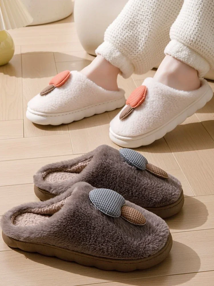 Cute Mushroom Cotton Slippers Men Women Winter Indoor Home Warm Plush Thick Bottom Anti Slip Couple House Slippers