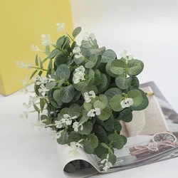 10 pçs plantas de plástico artificial folhas eucalipto ramo ramo hastes verdes casamento falso flores bolo decoração diy