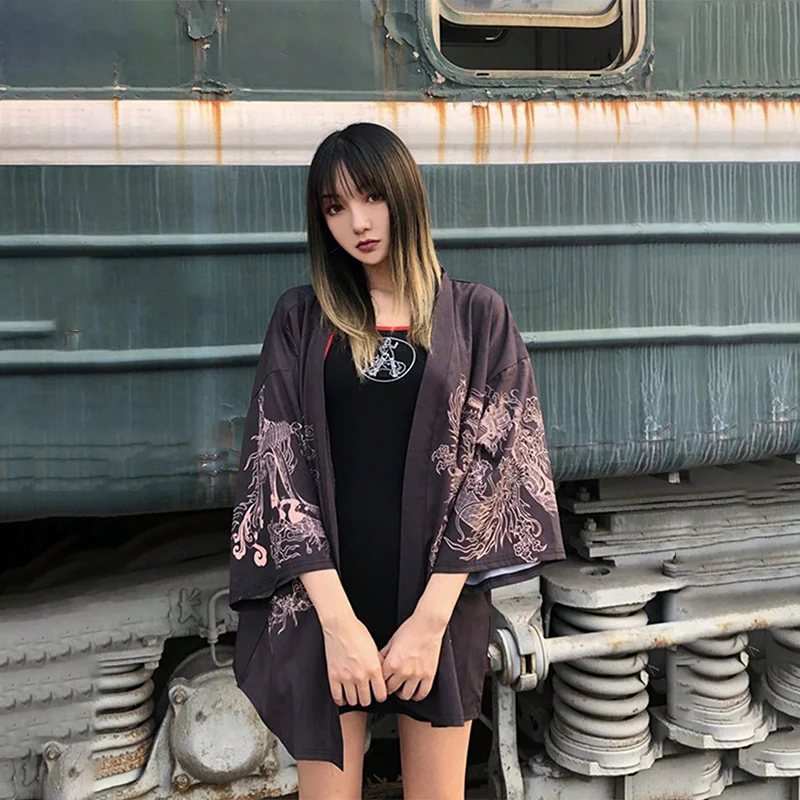 Estilo chinês retro solto melhorado hanfu dragão robe quimono cardigan haori verão plus size praia férias biquíni maiô outerwear jaqueta fina