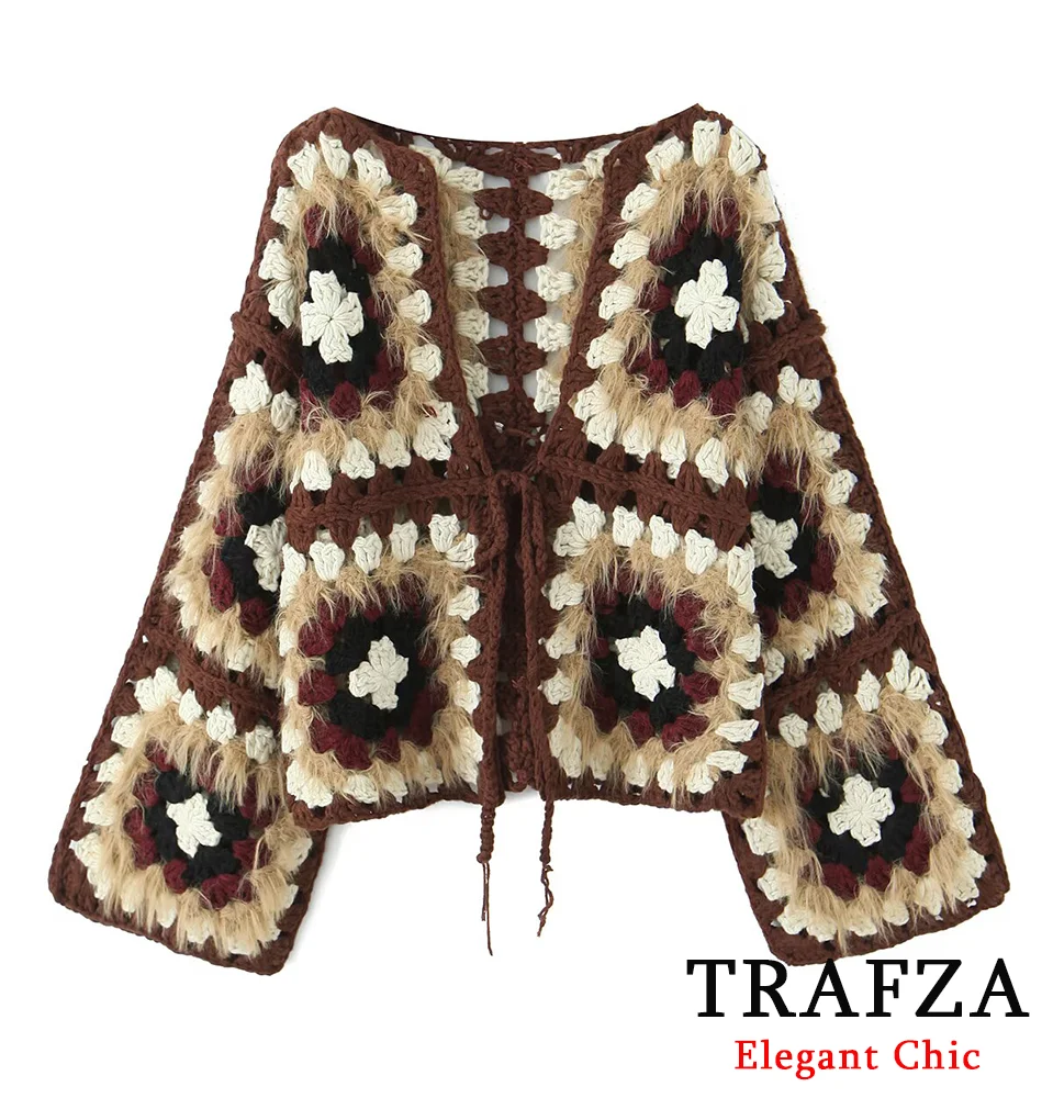 

KONDALA Women Elegant Handmade Knitted Cardigan Vintage Pattern Lace-up Cardigan 2025 Fall Winter Fashion Casual Lady Knit Coat