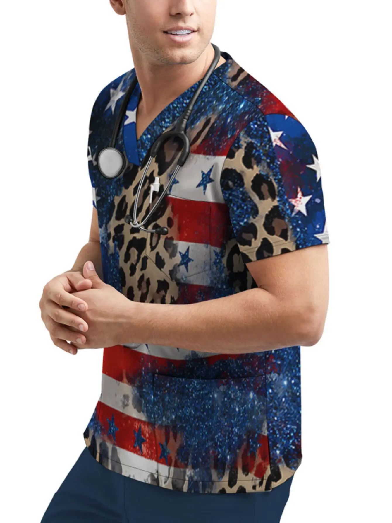 Ropa de trabajo de verano para cuidadores masculinos, ropa de trabajo de manga corta, diseño de banda ancha frontal, traje profesional transpirable