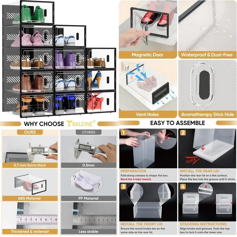 

Stackable Clear Plastic Shoe Boxes for Size 9, Large Foldable Storage Organizer with Lid (Black)