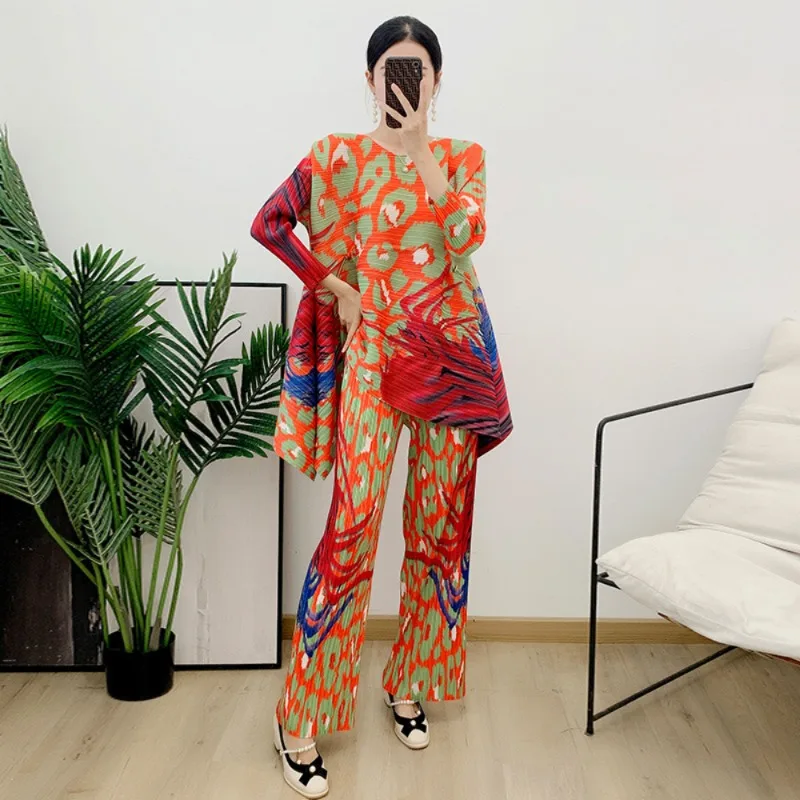 

GGHK Miyake Pleated Set Fall 2023 Fashion Women Clothing Color Matching Long Sleeve Top and Straight Leg Pants 2 Piece Sets