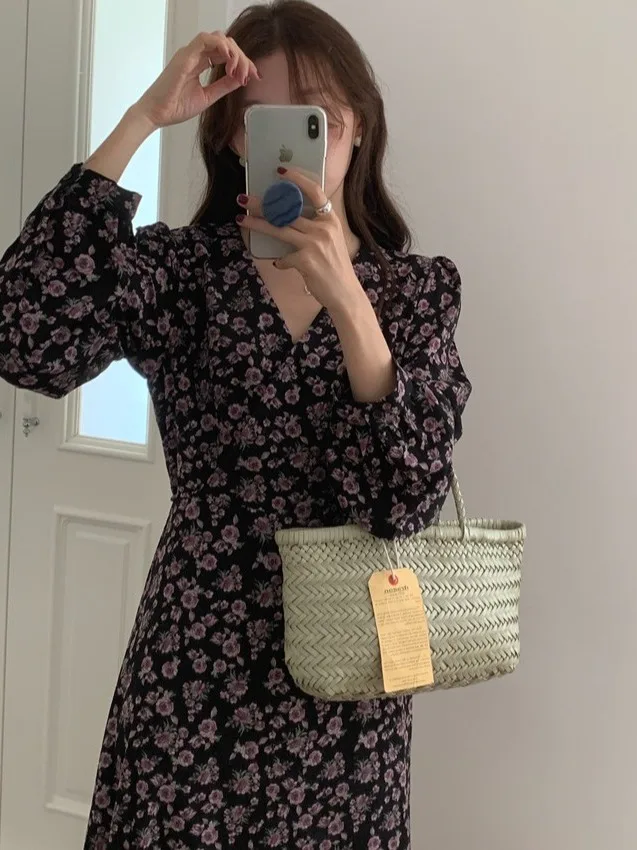 Maxi Dr con stampa floreale retrò con cintura Abito lungo Sve V-Ne Abito autunnale da donna Gonna interna con coda fi