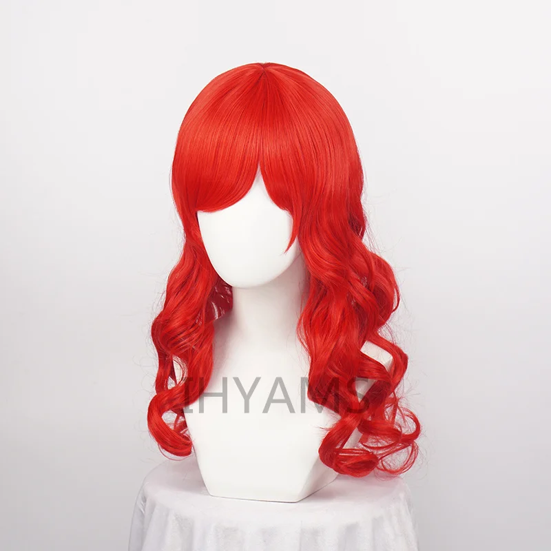 Peluca de Cosplay de princesa Ariel de la Sirenita de Anime de 65cm, peluca de juego de Halloween, pelo ondulado rojo sintético para fiesta y escenario + gorro de peluca