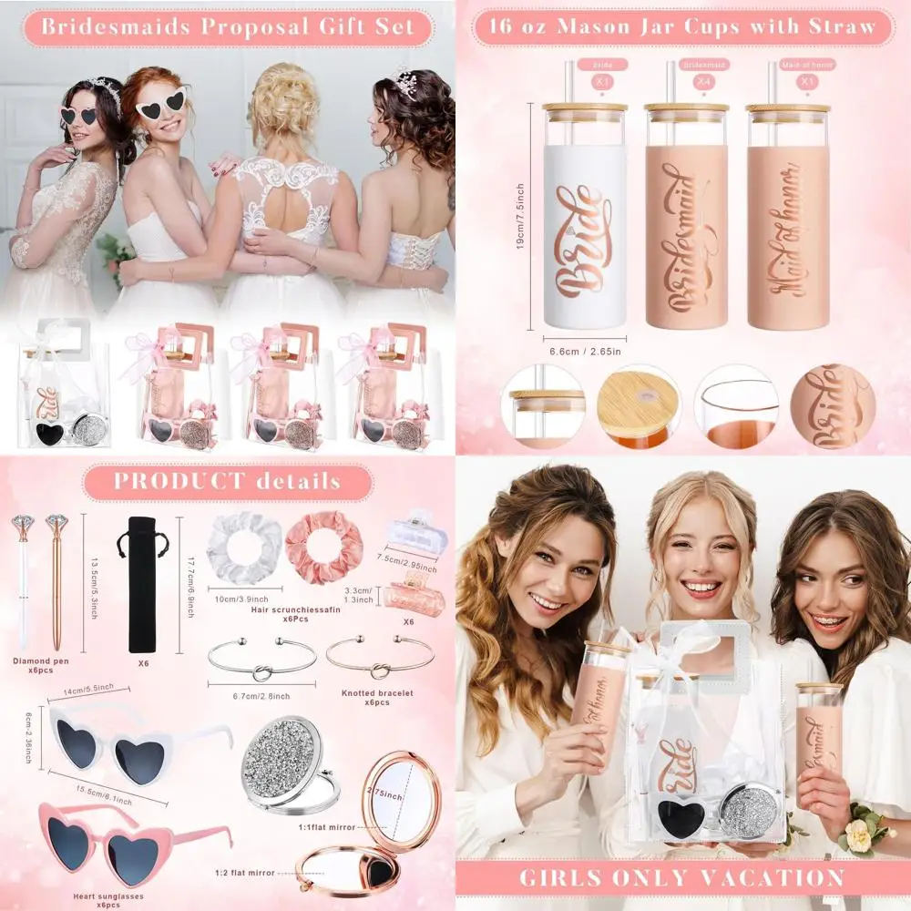 Kit de fiesta de boda rosa de 56 piezas: regalos de dama de honor con vasos, pajitas, bolígrafos, bolsos, gafas de sol, lazos para el cabello, espejos, pulseras,