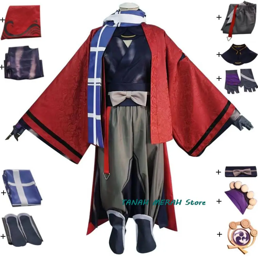 

Anime Game Genshin Impact Kaedehara Kazuha Friend Tomo TomoKazu Cosplay Costume Inazuma Woman Man Red Kimono Halloween Suit Prop