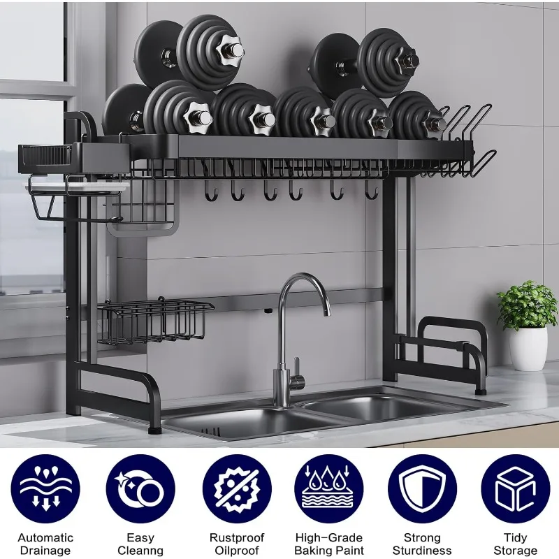 Large Over Sink Dish Rack: Full Stainless Steel Dish Drying Rack Over The Sink-Adjustable (25.6-37.6in) Width Kitchen Organizers