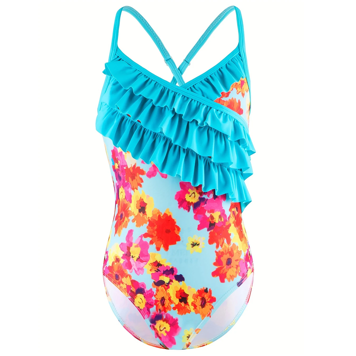 

Bikini Cut Bottom Swimwear Sleeveless Girls Swimsuit Floral Print Wrap Ruffle Frill in Detail Half Backless Cross Strap Tops New