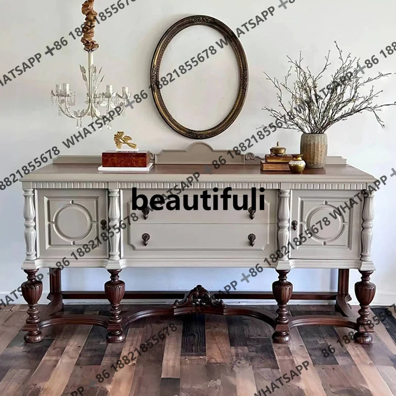 

American contrasting solid wood entrance cabinet, living room carved partition cabinet, French vintage storage cabinet