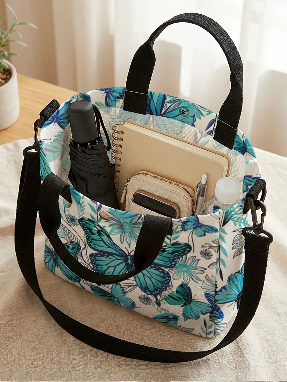 Teal Blue Butterfly Floral Canvas Tote Bag Detachable Strap Crossbody Handbag For Women Daily Shopping