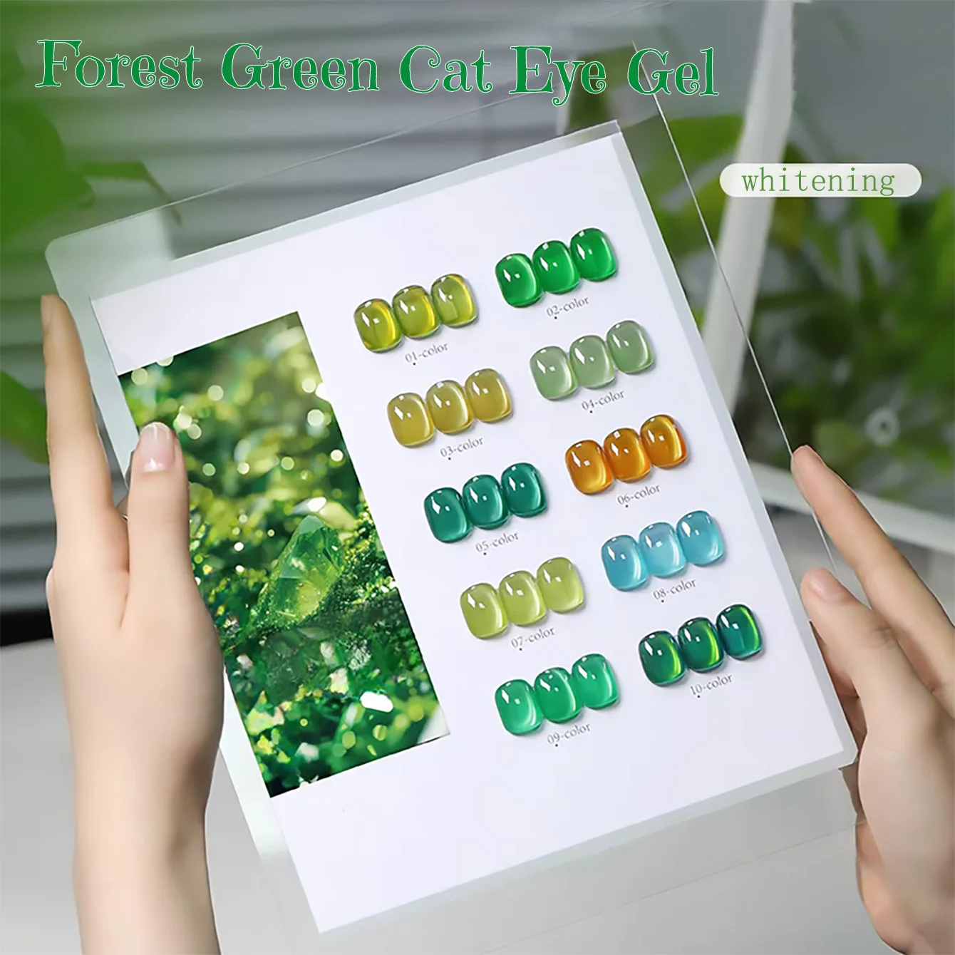 SHAKA 1-10 piezas de cuentas de vidrio verde, esmalte de uñas de gel ojo de gato verde bosque, novedad primavera-verano, popular, efecto brillante, arte de uñas verde blanqueador