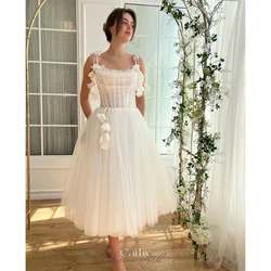 Cathy Princess White Tulle Wedding Dresses Spaghetti Strap with Flowers فساتين سهرة Elegant Ankle-length vestidos de fiesta 2024