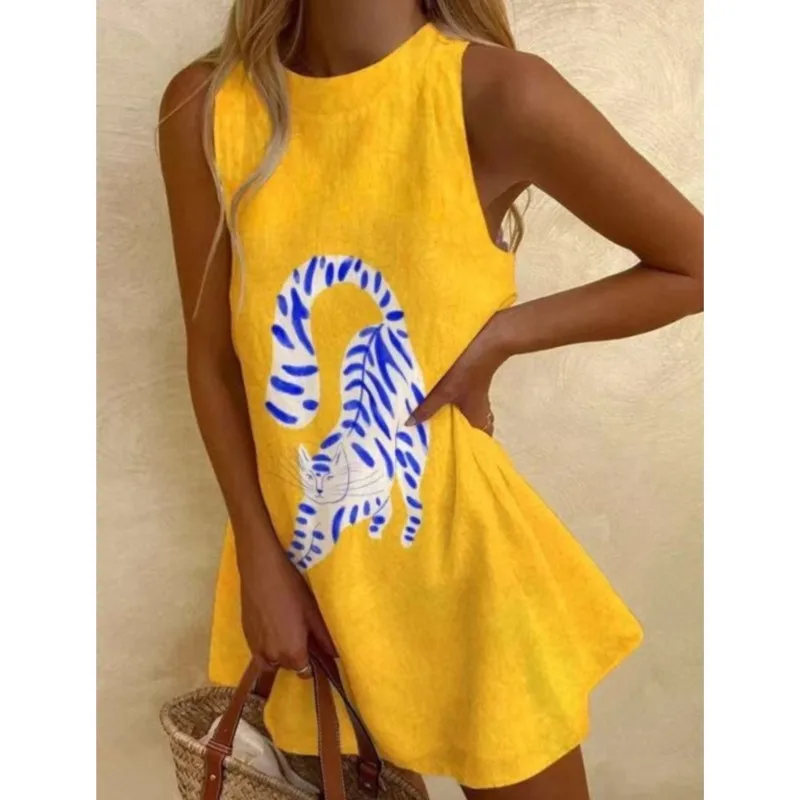 Mode imprimé Mini robes pour femmes 2025 été décontracté sans manches col rond plage vacances robe d'été fête femme robes courtes