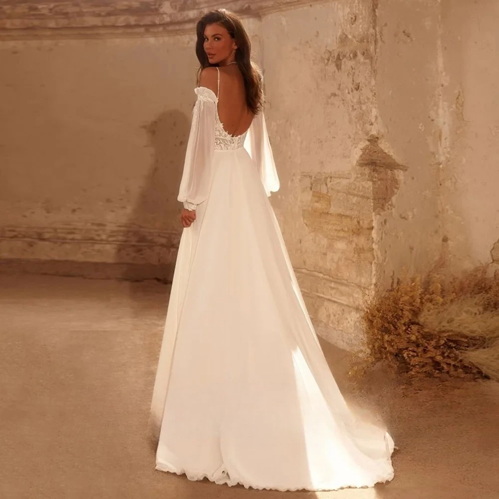 Beach V Neck Spaghetti Straps Wedding Dresses with Detachable Sleeves Applique Sweep Train Bridal Gown Backless vestido de novia