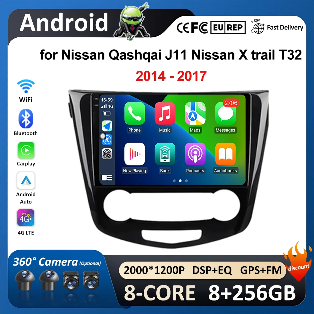 

for Nissan Qashqai J11 Nissan X trail T32 2014 - 2017 Car Multimedia Player QLED IPS Screen Wireless Carplay WiFi Bluetooth 4G