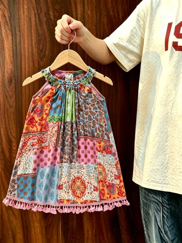

Summer Vacation Style Loose Fit Floral Princess Dress Neck Hanging Strap Thin Material Girls Dress Fashionable Casual Gown