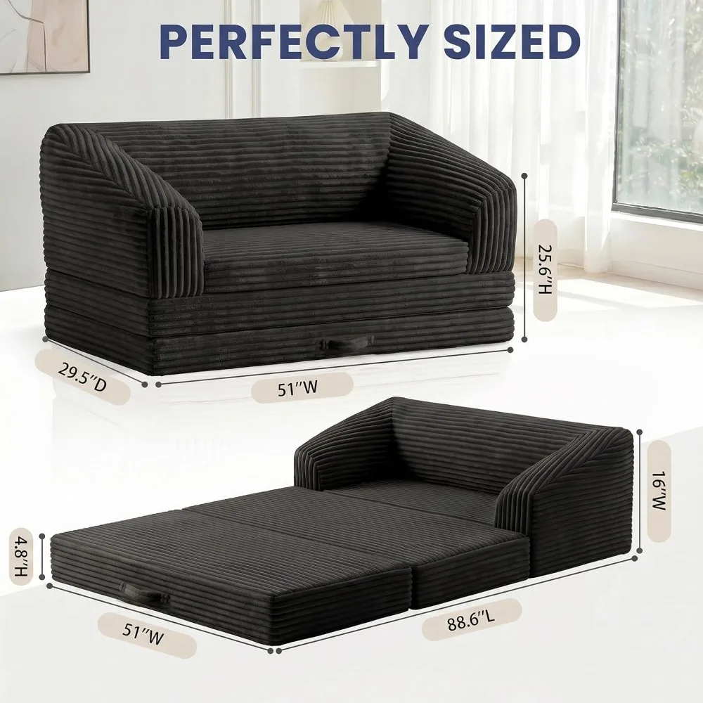 Convert Tri-Folding Sofa Bed, Thick Backrest & Carry Handle, Foldable Sleeper Sofa for Living & Guest Rooms, Soft Corduroy view 3