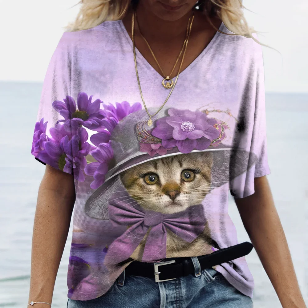 2024 Vintage Womens 3D Lavender Kitten Graphic Print Design T-Shirt Tops Street Short Sleeve T-Shirt Womens Summer V Neck Womens