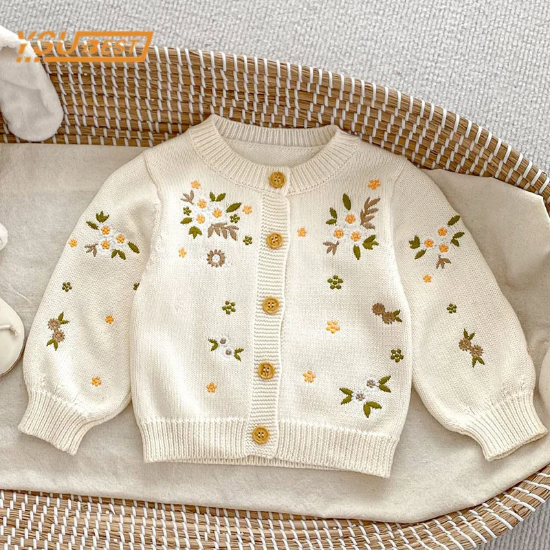 Infant Baby Girls Flower Embroidery Knitted Cardigan Coat Spring Autumn Newborn Kids Baby Girls Long Sleeves Cardigan Coat 0-3Y