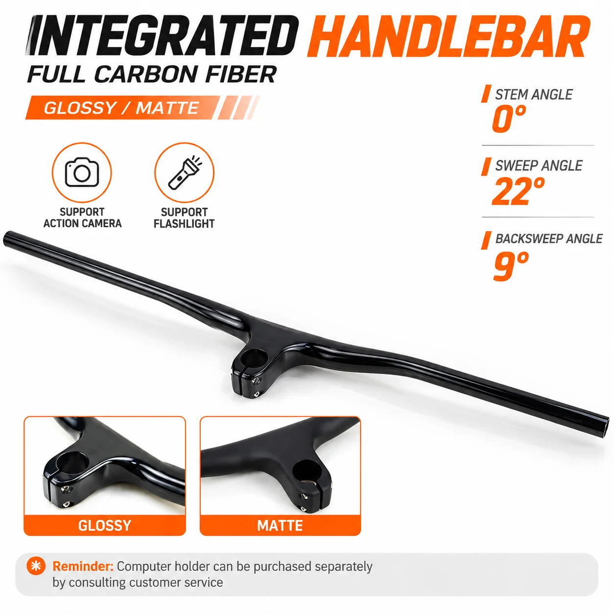 UD Carbon Fiber MTB Handlebar Integrated Full Internal Cable Routing 22° Rise 9° Sweep 700-800mm Mountain Bike Handle