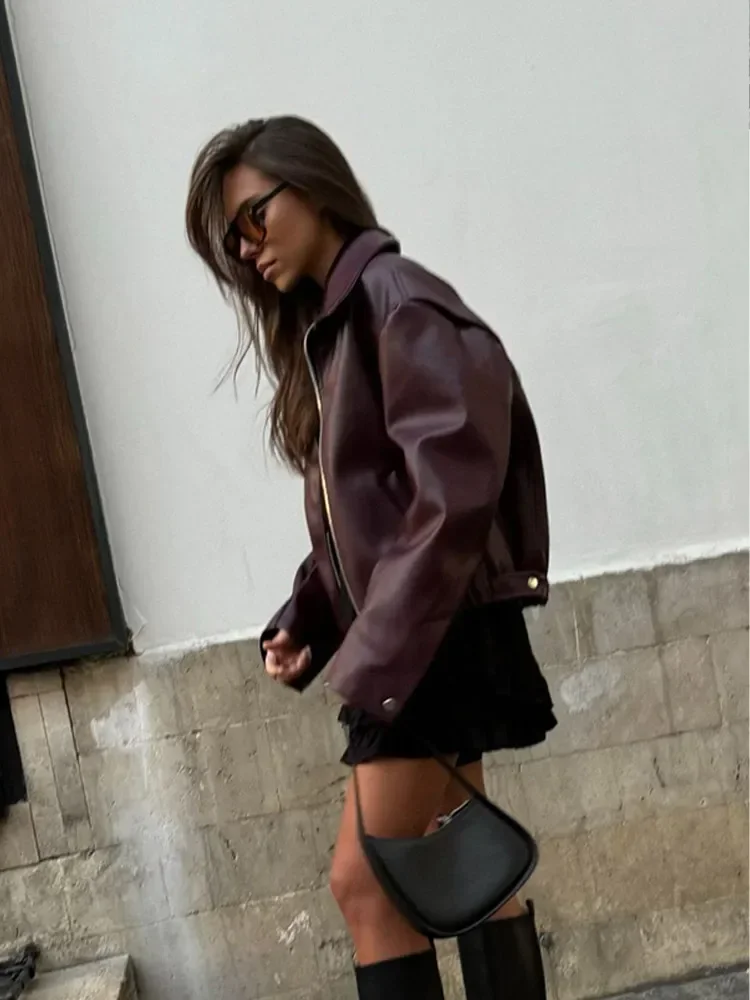 レディース無地ジッパーオーバーコートファッションラペルカラー長袖ルーズショートPUレザージャケット2025秋レディースストリートアウター