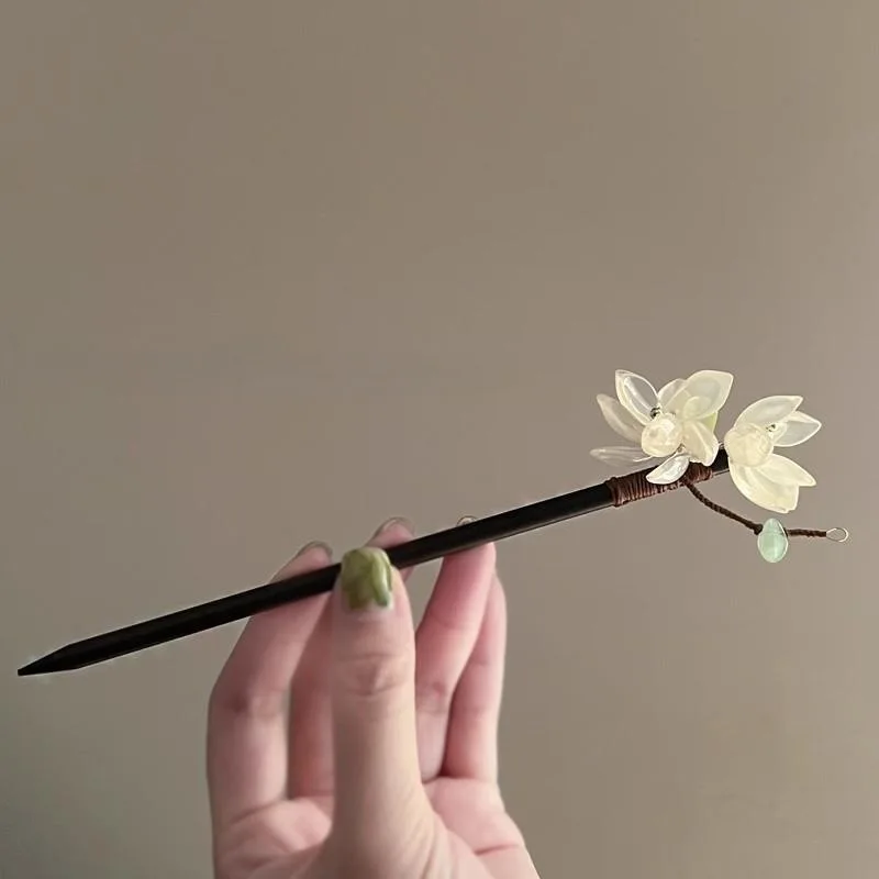 loral Hairpin with Pearl Center, Dark Stem, Brown Branch — Elegant for Side Bun Styling