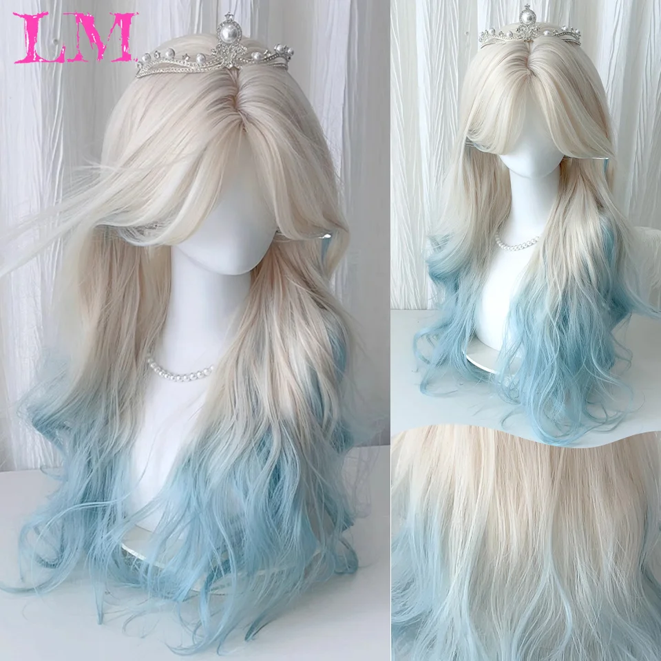 

LM Synthetic Water Curly Wave Wigs Air Bangs Hair PLATINUM Blue Heat-Resistant Natural And Smoot Daily Wear For Women ﻿