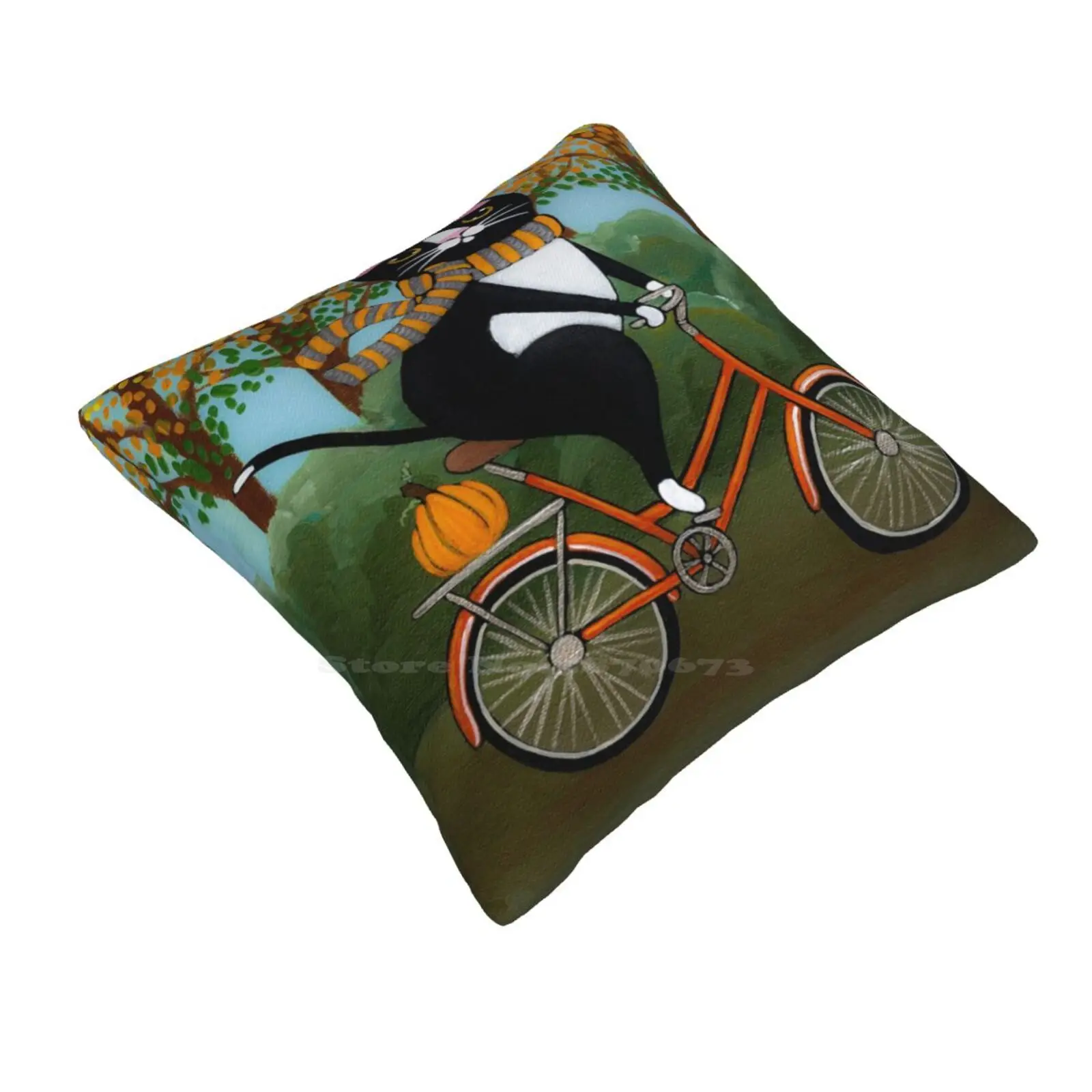 Autumn Cat On A Bicycle Fashion Sofa Throw Pillow Cover Pillowcase Folk Art Bike Pumpkin Funny Whimsical Tuxedo Cat Orange