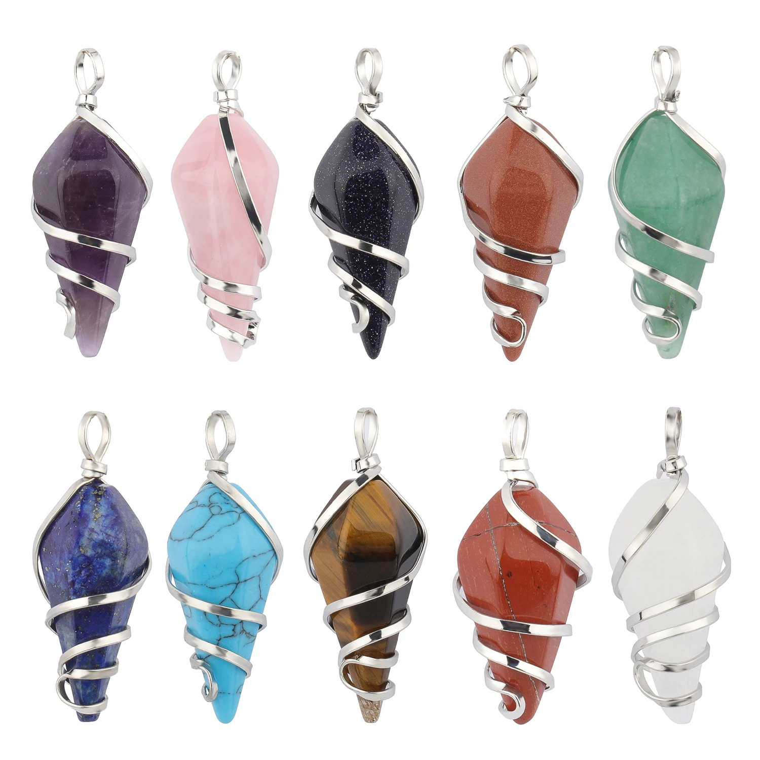 Naturally Amethyst Agates Crystal Green Aventurine Helix Cone Shape Pendant Chain Box Kits Jewelry Making Diy Pendant 42x15mm