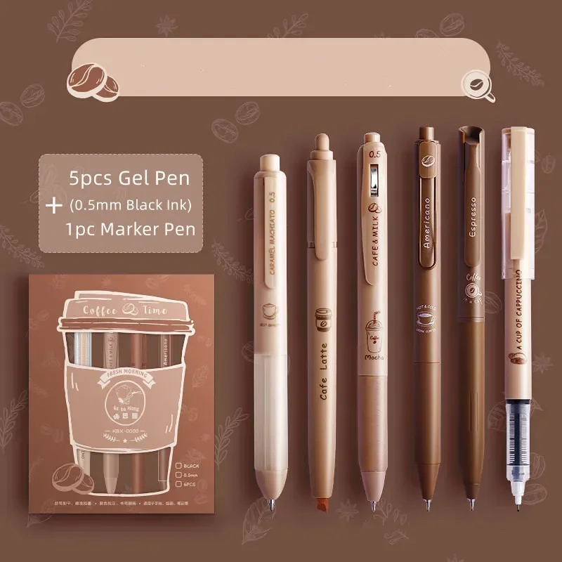 6pcs/set Lovely Gel Pen Coffee Color Series Kawaii Cartoon Bear Stationery Gel Pen 0.5mm Black Ink Gel Pen Cute Student Supplies