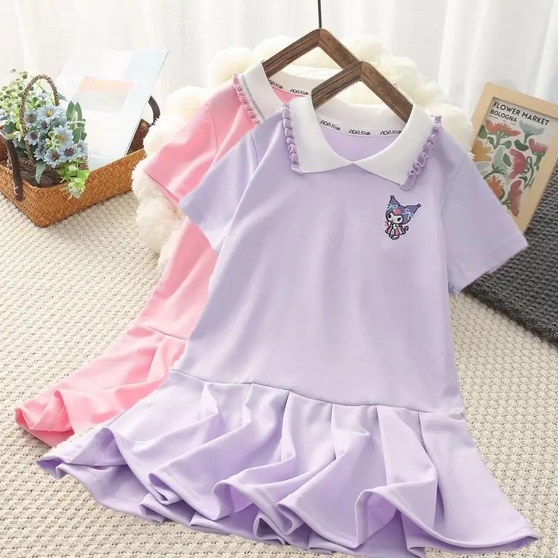 

Anime Sanrios Girl Dress Kawaii My Melody Kuromi Kids Short Sleeve Princess Skirts Cute Pleated Skirt Preppy Summer Kids Clothes