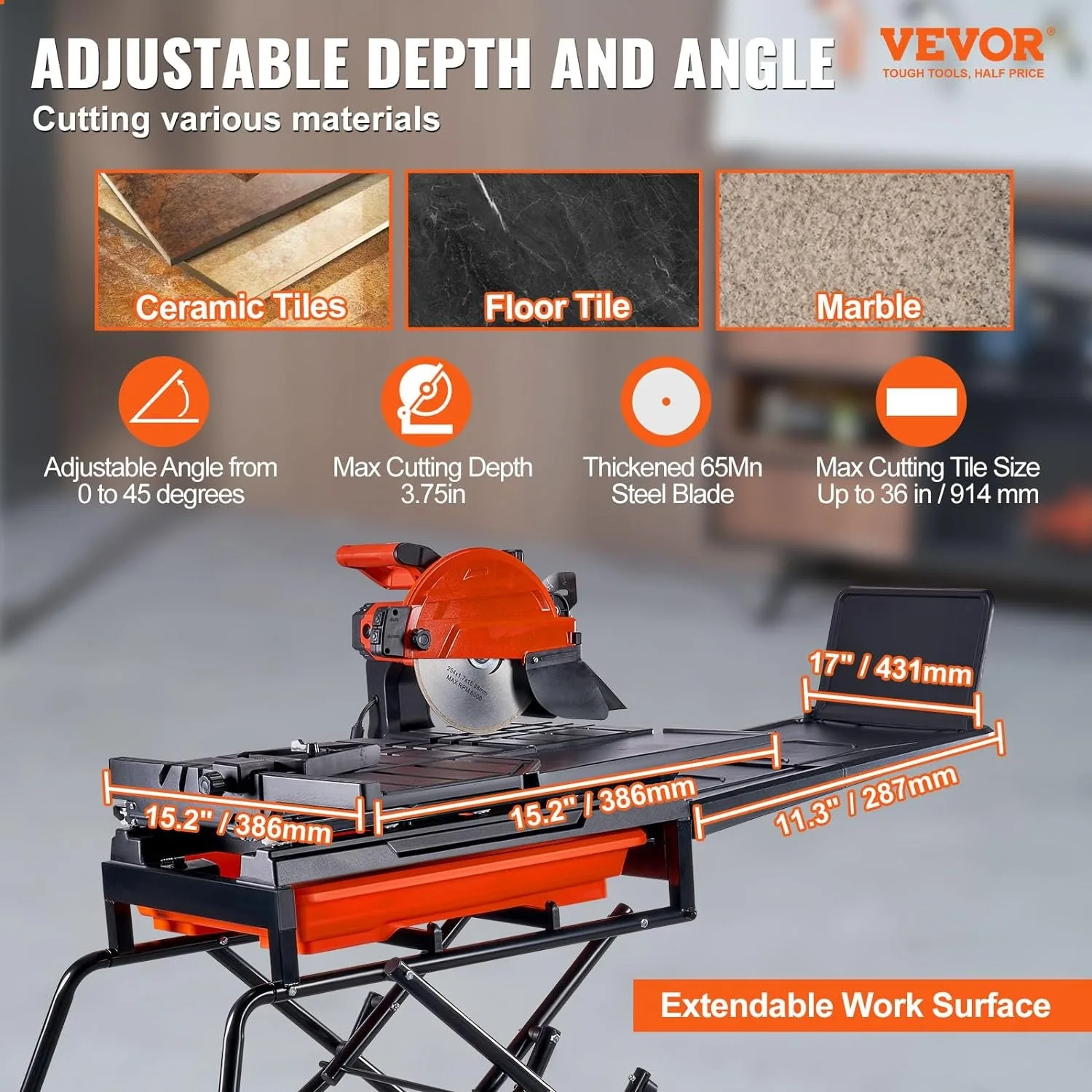 10-inch 65Mn Steel Blade, 4500 RPM Motor, Tile Cutter Wet Saw with Water Reservoir and Casters, 0-45 Degrees Miter Angle