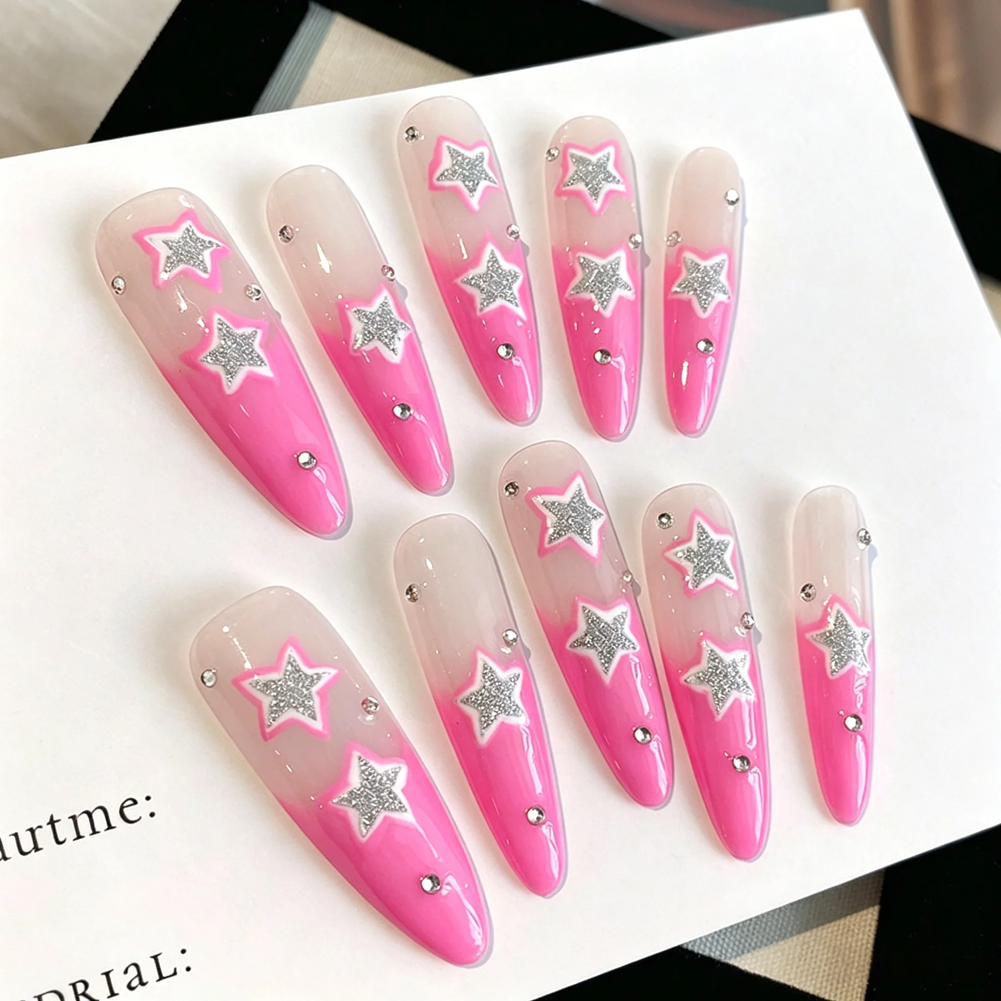 Valentine's Day 10Pcs Pink Star Rhinestone Press-On Nails - Y2K Glitter Heart Nails for Date Night & Romantic Brunch | Winter view 3