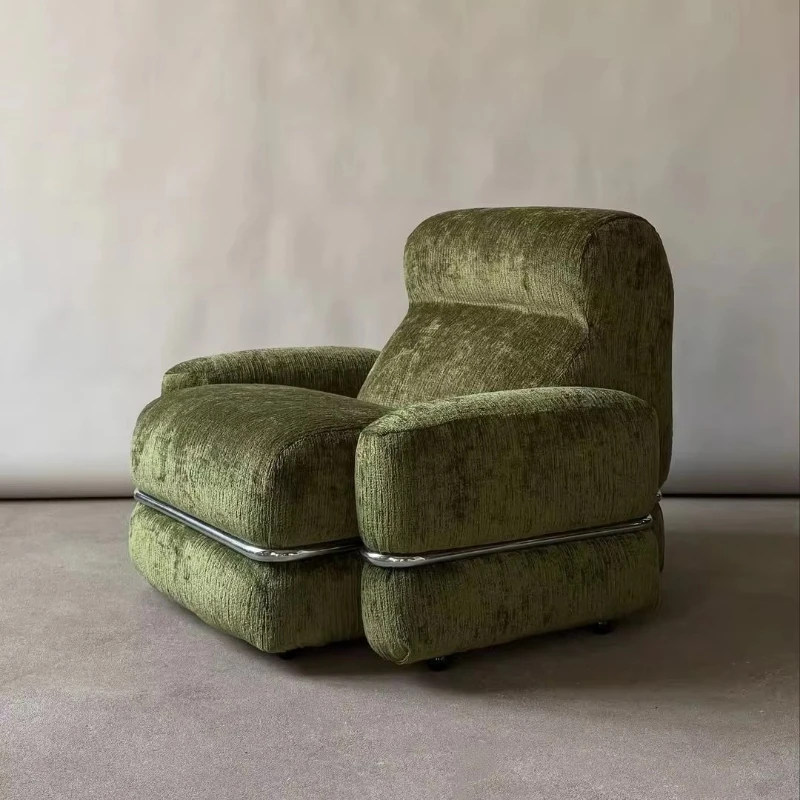 Retro olive green single sofa stainless steel leisure lazy chair