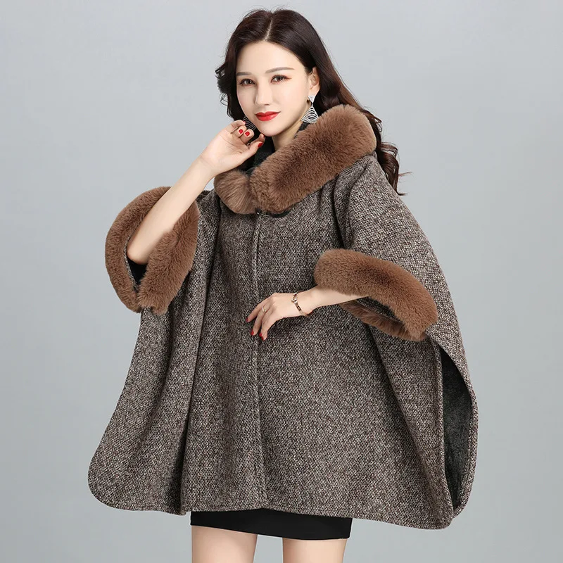 

Imitation Fur Collar Winter Women's Hooded Cardigan Shawl Coat Poncho Fashionable Upscale Capes Khaki Cloaks