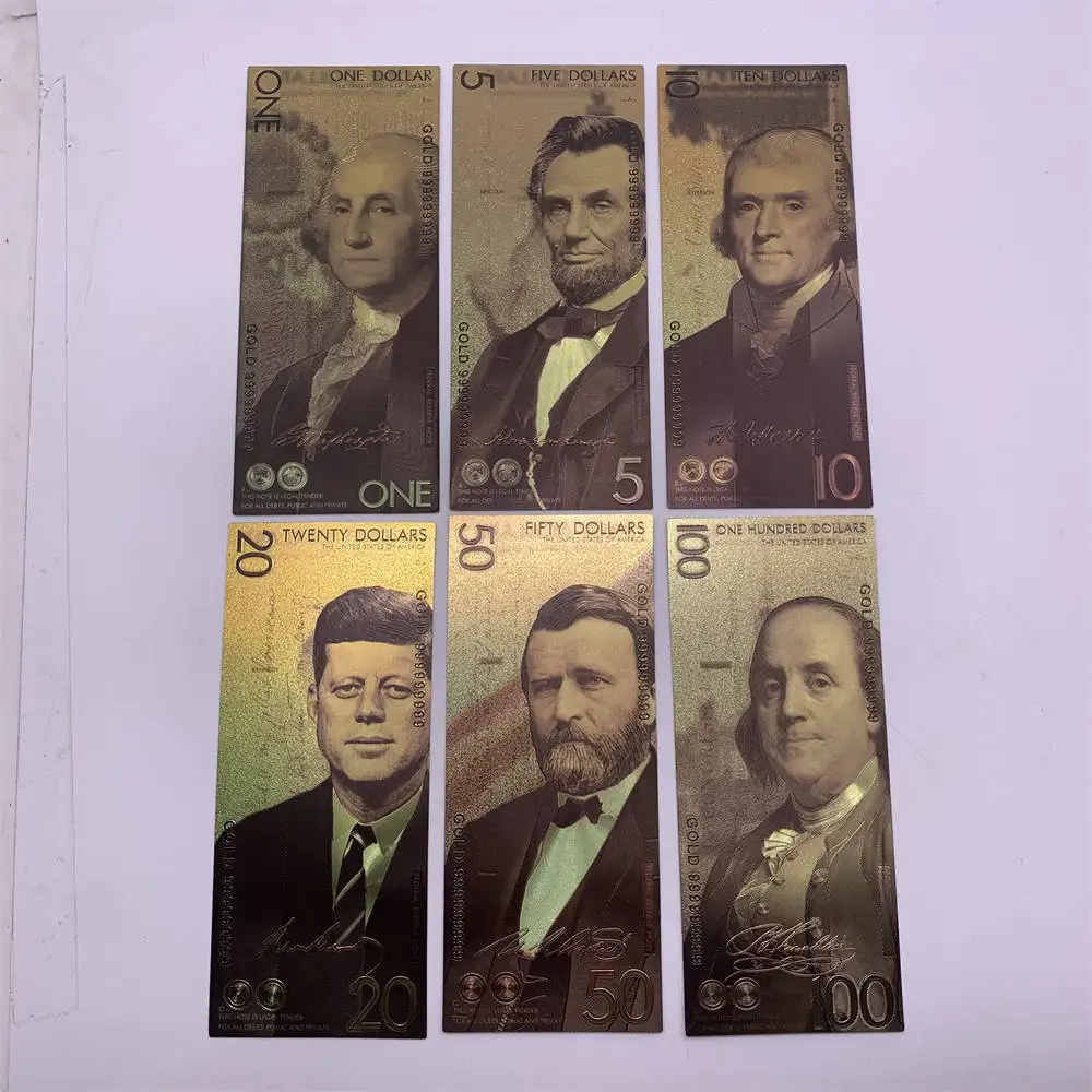 6pcs/lot Gold Foil Banknotes $1, $5, $10, $20, $50 ,$100 dollar US Presidential Commemorative Dollar Bill Collection