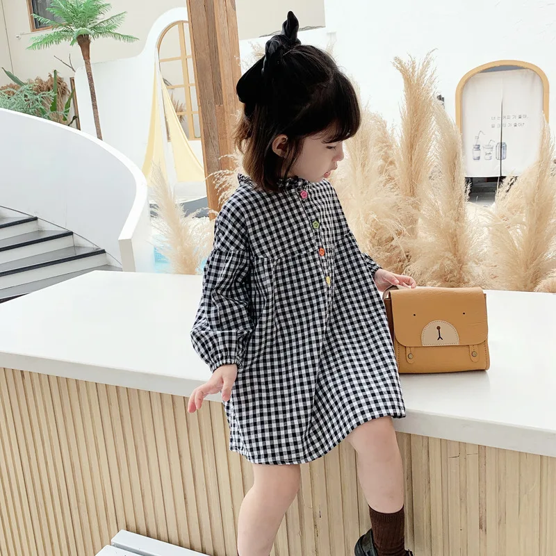 

Children's Dress2024Spring and Autumn New Wholesale Children Toddler Baby Plaid Long Sleeve Dress Girl Black and White Dress